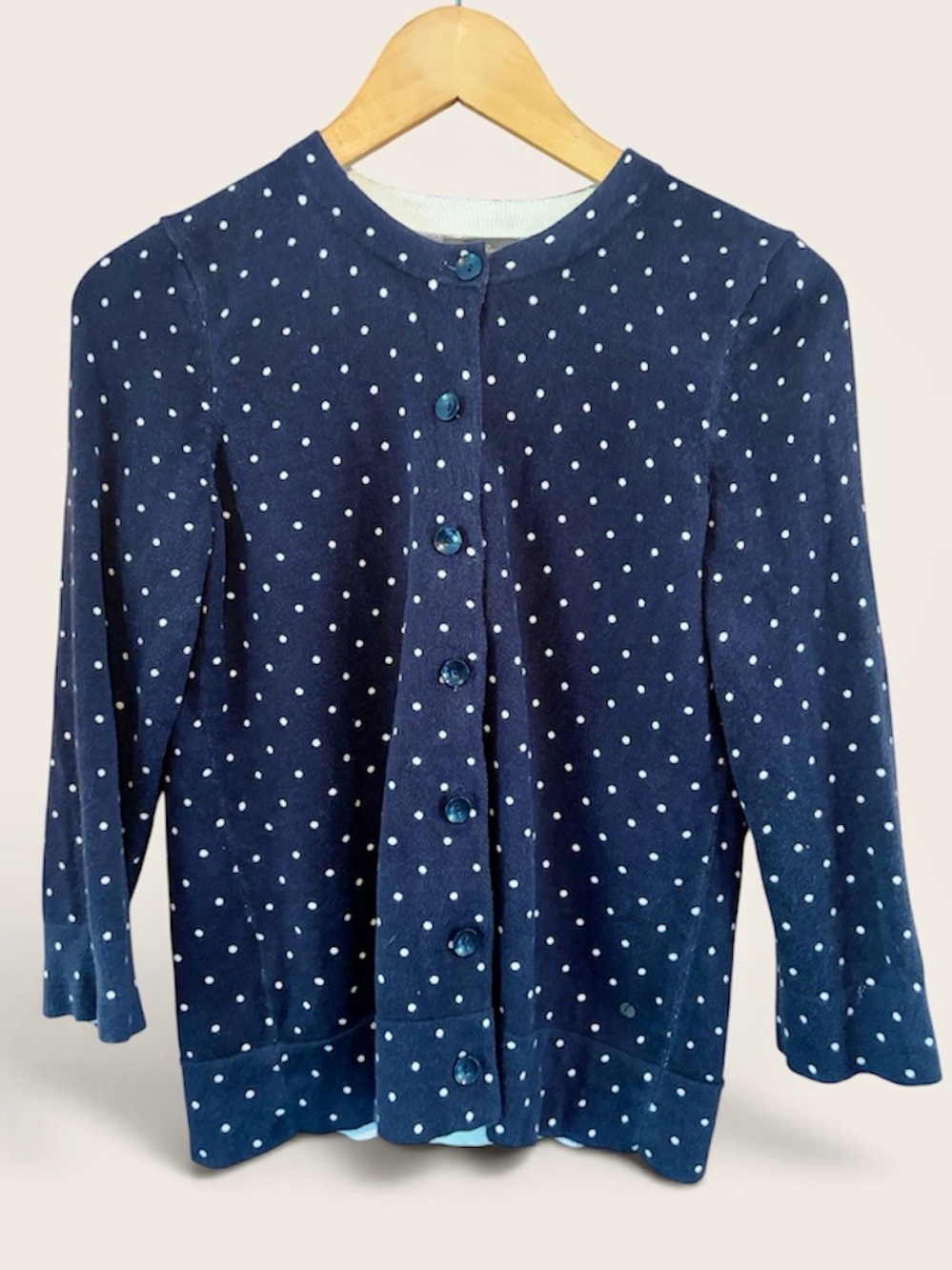 VINTAGE EDDIE BAUER SMALL Blue and White Polka Dot Knit Cardigan
